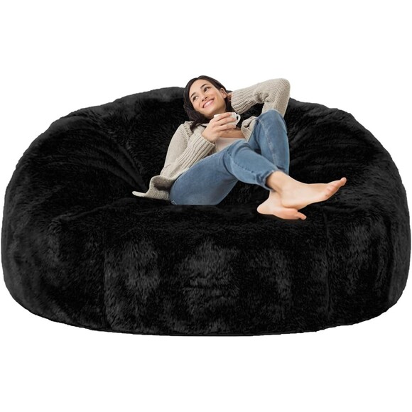 (NON-FILLED) RAINBEAN 6FT Bean Bag Chair Cover Black Fuzzy Huge 6ft. Round - Picture 1 of 7